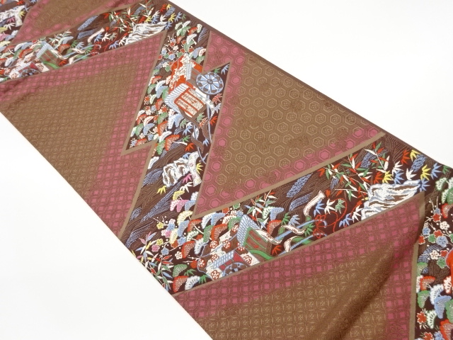 JAPANESE KIMONO / VINTAGE FUKURO OBI / WOVEN CARRIAGE & SHOCHIKUBAI WITH TRADITIONAL PATTERN
